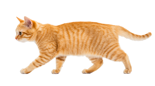 Ginger tabby cat walking, domestic animal, orange pet mammal, cut out transparent