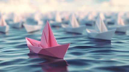 Pink origami boat leading a fleet of white boats