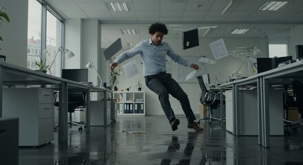Stressed Businessman Slipping and Falling on Spilled Water in Modern Office, Papers Flying, Chaos and Disaster at Workplace