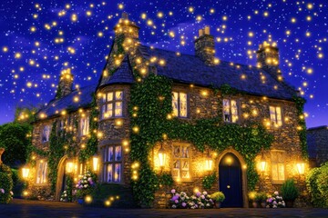 Naklejka premium An enchanted castle with ivy-covered walls surrounded by greenery. No people, featuring flags on castle towers and pots of colorful flowers.