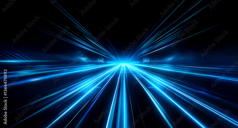 Poster dynamic blue light streaks converge from darkness towards a bright point, creating a sense of rapid 
