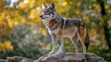 Fototapeta premium A coyote stands on a rock against a blurred foliage background. Use this image for wildlife, nature, or conservation-related projects.