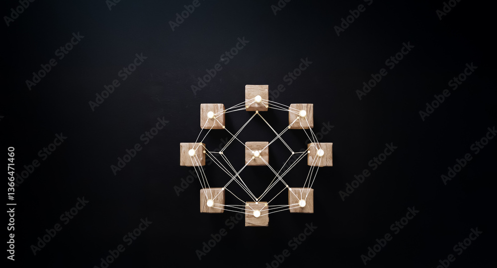 Aufkleber a geometric structure of wooden cubes and strings is centered against a dark background, creating a 