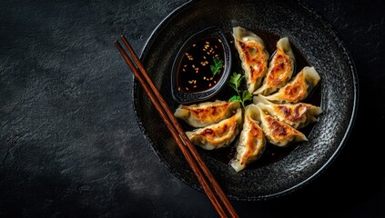 Seared dumplings with crispy golden edges served on a black plate