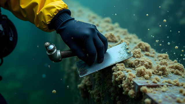 Diver's gloved hand cleans hull with rhythmic scrapes, air bubbles dancing around the underwater maintenance work.