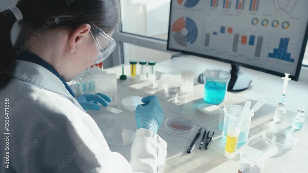 Aufkleber A dedicated scientist in a modern lab examines biological samples and analyzes data on a monitor to advance medical research and develop innovative vaccines for better health outcomes