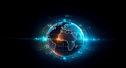 Obraz premium Illuminated globe of Earth with continents outlined. Glowing blue and orange light with digital lines and dots surround the sphere on a black backdrop.