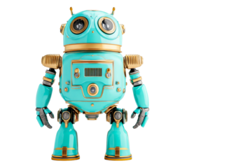 Retro robot design with vibrant colors and detailed features