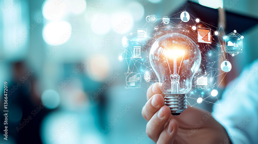 Poster enlightened future: a hand tenderly holds a bright light bulb, symbolizing innovation and the dawn o
