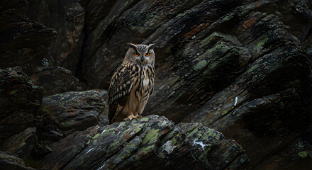 Eurasian eagle-owl perched alertly on a rugged rock formation in the wilderness