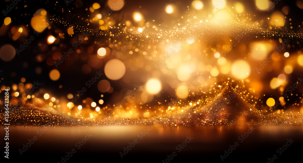 Poster golden sparkles and bokeh lights create a magical, festive atmosphere in a dark scene. light cascade