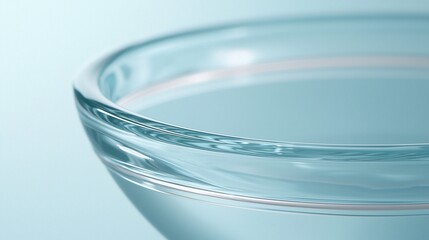 Clear glass bowl filled with water, shallow depth of field, soft teal background