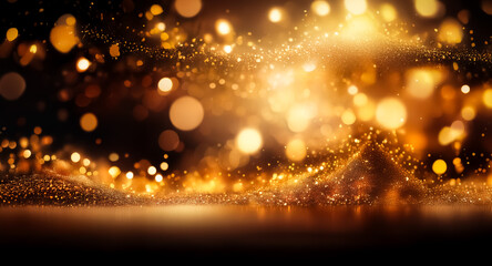 Obraz premium Golden sparkles and bokeh lights create a magical, festive atmosphere in a dark scene. Light cascades down, highlighting the foreground with a warm, inviting glow.