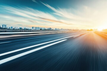Naklejka premium A blurred highway road with a city background, captured in daylight