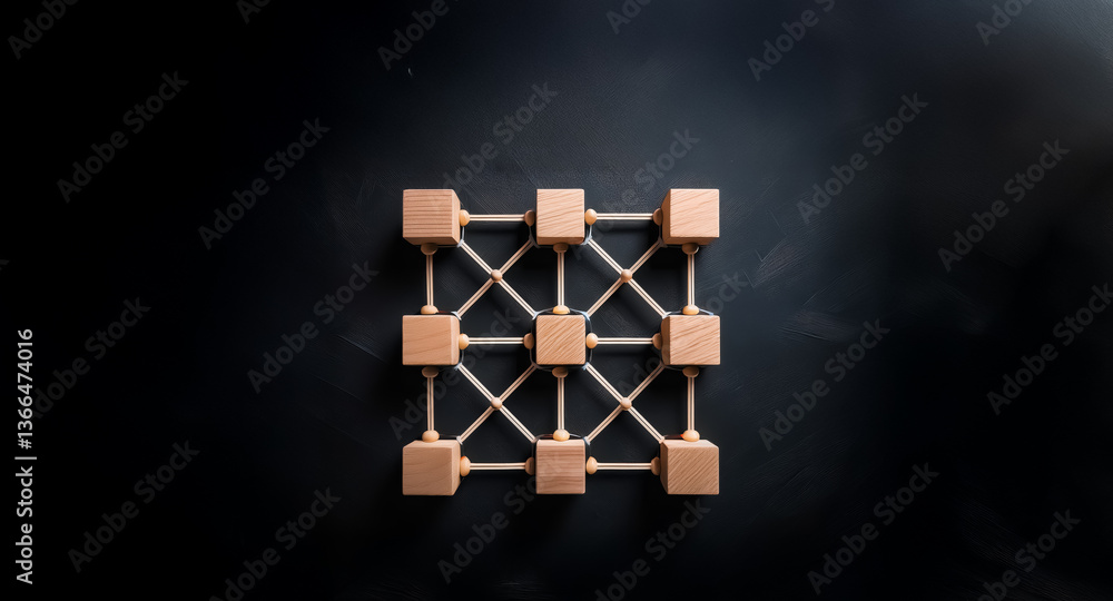Aufkleber geometric wooden cubes and rods form a grid on a dark surface. the arrangement creates a sense of co