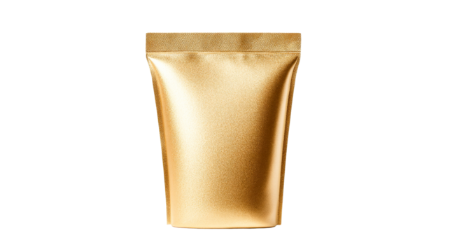Golden blank standing pouch mockup, packaging template, cut out transparent