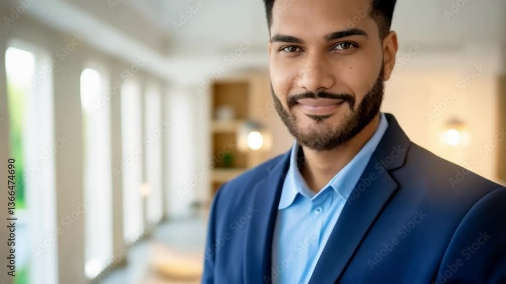 Poster person in suit with laptop holding gears with checkmarks in hand in bright office setting near windo