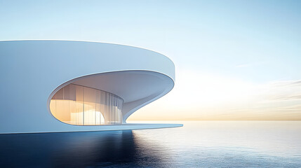 A white building with curved walls on the sea, a 3D rendering of an architectural design style