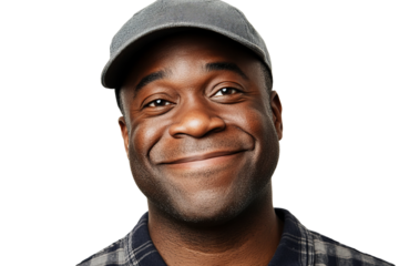 African American man with a gray cap smiling in a studio, cut out transparent