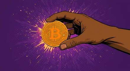 A pop art style illustration of a dark-skinned hand holding a gold Bitcoin coin. The coin has the Bitcoin logo in the center. The hand is against a purple background with sparkles of light.






