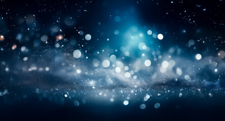 Naklejka premium Dreamy dark blue abstract background with soft bokeh lights creates a magical night sky effect. Sparkling and ethereal, it evokes wonder and tranquility.