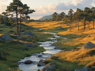 Scenic mountain stream flows through meadow