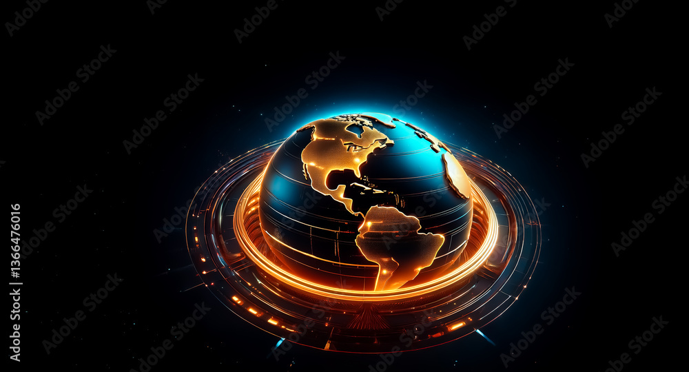 Poster futuristic globe with glowing continents and digital rings around it. the planet earth is depicted w