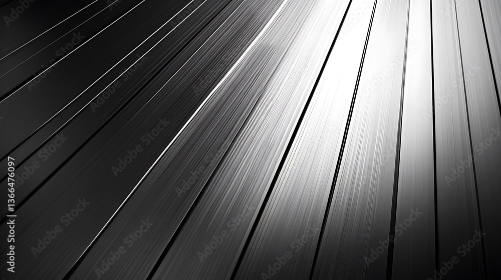 Poster striking gray scale abstract: diagonal light and shadow play with metallic surfaces creates modern v