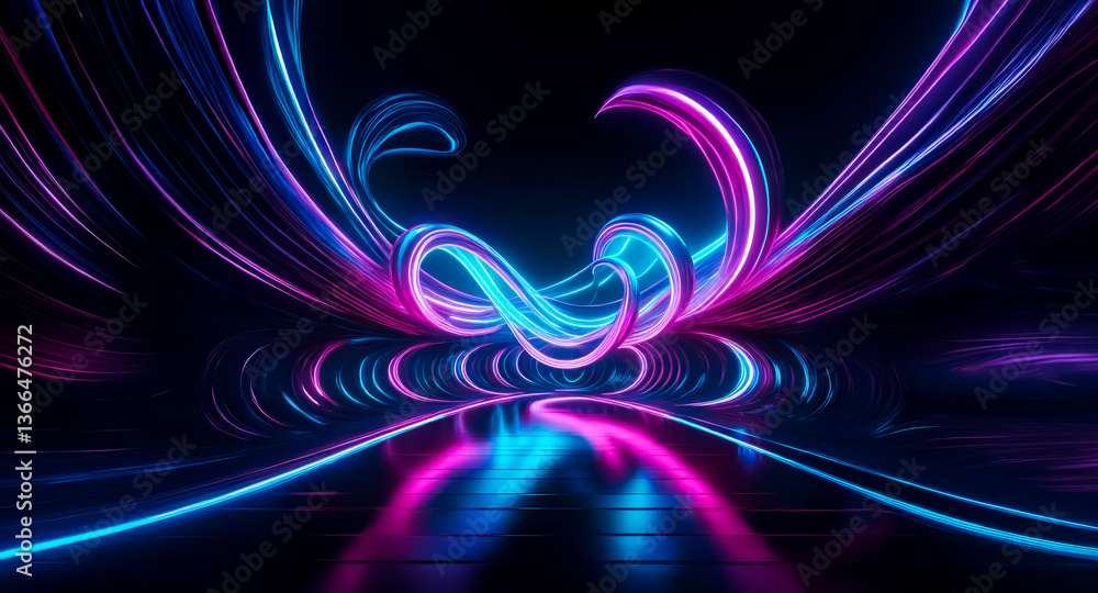 Poster abstract image featuring vibrant, curved neon lights in pink and blue hues. the glowing lines create