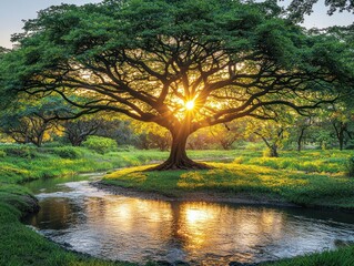 Lush tree with sunlight streaming through canopy over a peaceful stream