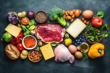 The concept of healthy food and its ingredients, including meat products, fish, fruits, vegetables, nuts, seeds, whole grain bread, and eggs