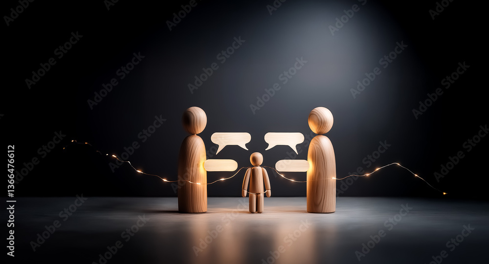 Poster two wooden figures face each other, with a smaller figure in between. speech bubbles float above the