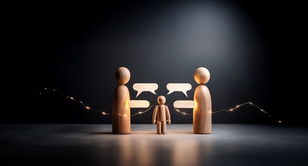 Two wooden figures face each other, with a smaller figure in between. Speech bubbles float above them as they are connected by a string of lights, symbolizing communication and family bonds in a dimly