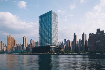 Fototapeta premium New York City skyline with a modern glass building near the water. Great for travel brochures or urban planning projects for example.