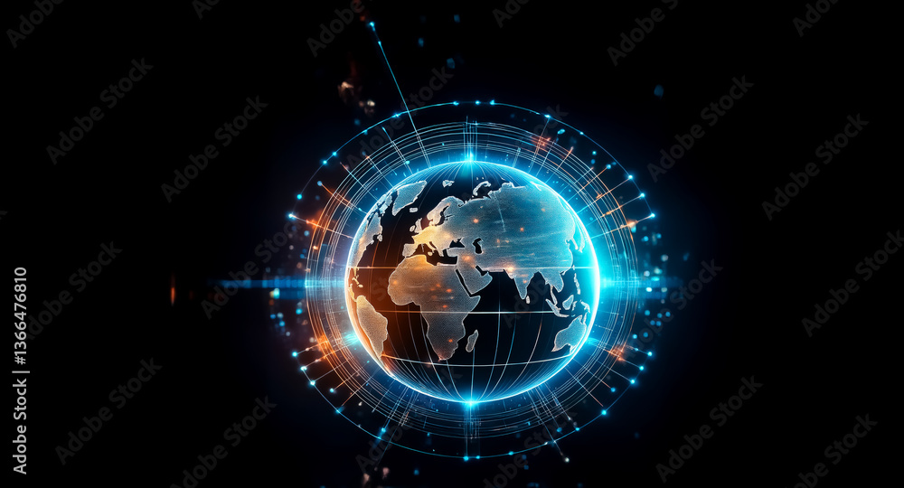 Poster global network connecting continents, digital world with glowing lines and nodes, data flow over ear