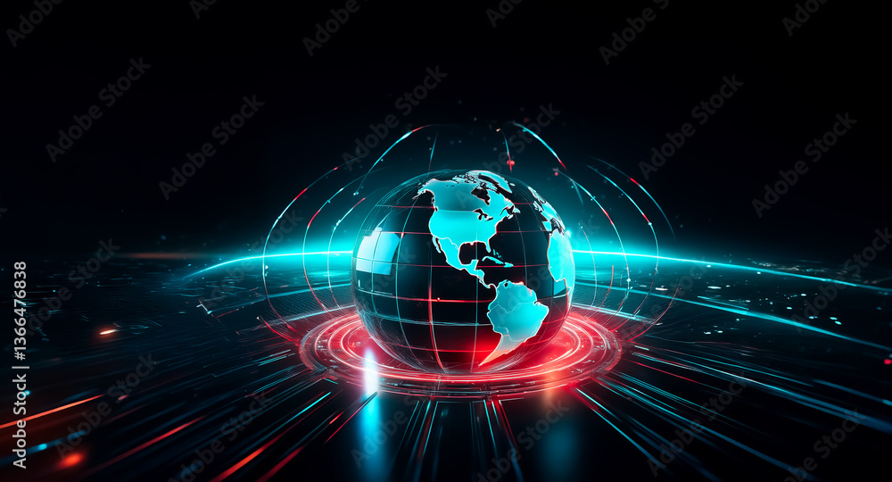 Aufkleber glowing globe with vibrant neon blue and red light streaks on a dark backdrop. a futuristic and dyna