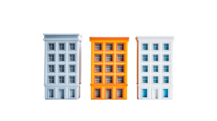 Three colorful model buildings lined up, cut out transparent
