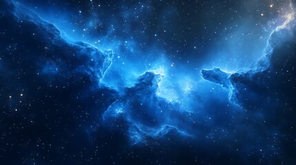 Obraz premium Stunning cosmic vista: Deep blue nebula shines amidst a scattering of bright stars in infinite space.