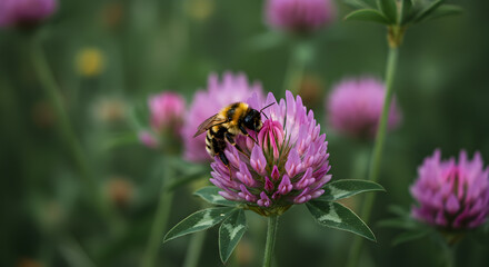 Fototapeta premium Bee gathering pollen from purple clover blossoms in a lush green field
