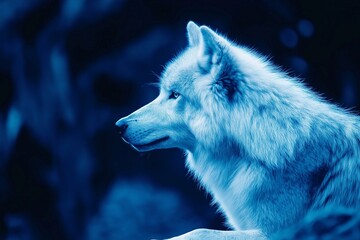 Naklejka premium A stunning profile of a wolf, accentuated in blue tones, representing nature's majestic beauty and elegance.