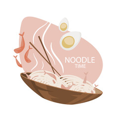 Noodle time vector illustration. Yaki Udon with many shrimps, boiled egg. Big bowl hot dish with chopsticks. Asian cuisine concept. Cartoon food art. Funny culinary element. Graphic banner template