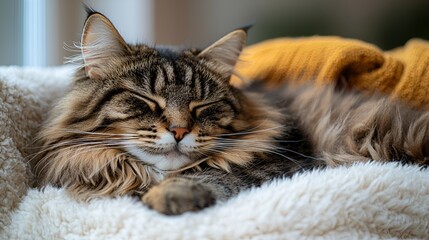 Fototapeta premium Sleepy cat nestled in cozy blanket by window