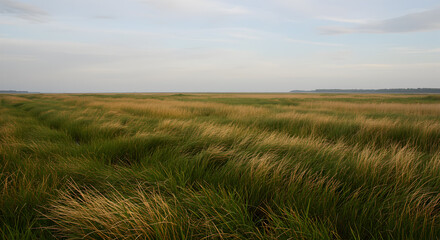 Obraz premium Sweeping wetland grasses gently swaying under the breath of the breeze