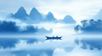 Peaceful Misty Mountain Lake Scenery