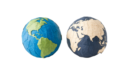 Two spherical planets depicting Earth, crafting, conceptual, cut out transparent