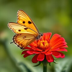 Obraz premium Delicate butterfly with outstretched wings perched on vibrant flower, flora, fauna, details