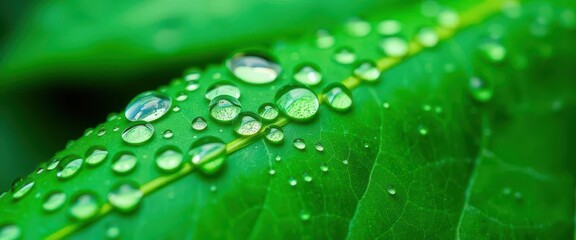 Emerald green leaf, water droplets glistening, vibrant macro detail, glistening, dew, flora
