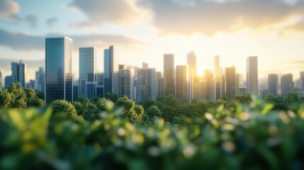 Naklejka premium City skyline at sunset with green trees in the foreground. Perfect for showcasing sustainable urban development and green initiatives.