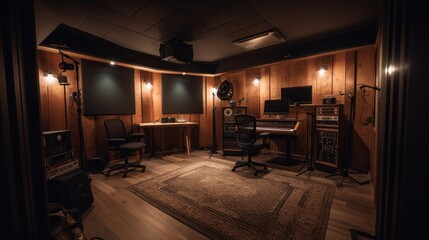 Fototapeta premium Cozy Recording Studio: A haven for creativity. Warm lighting, wooden walls, and professional equipment create the perfect atmosphere for music production.