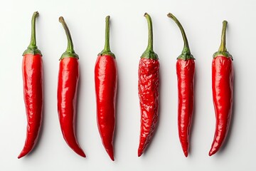 Red chili peppers in a row on white background